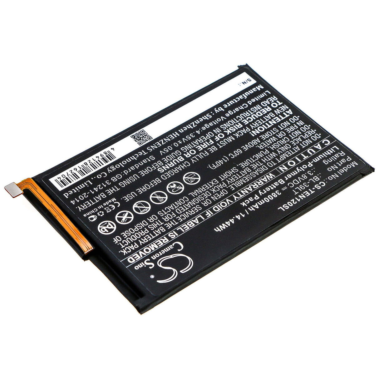 3.8V, Li-Polymer, 3800mAh, SmartPhone battery fits Tecno, Bl-39lt, Camon 12, Camon 15, 14.44Wh Mobile, SmartPhone Cameron Sino Technology Limited (Smartphone)