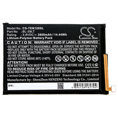 3.8V, Li-Polymer, 3800mAh, SmartPhone battery fits Tecno, Bl-39lt, Camon 12, Camon 15, 14.44Wh Mobile, SmartPhone Cameron Sino Technology Limited (Smartphone)