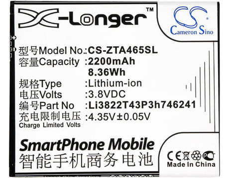 3.8V, Li-ion, 2200mAh, SmartPhone battery fits Telstra, Twm, Zte, Li3822t43p3h746241, 4gx Hd, 8.36Wh Mobile, SmartPhone Cameron Sino Technology Limited (Smartphone)