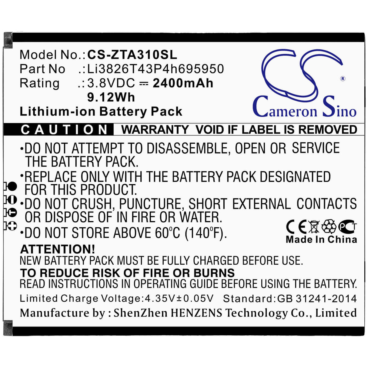 3.8V, Li-ion, 2400mAh, SmartPhone battery fits Telstra, Zte, Li3826t43p4h695950, Essential Smart 3, 9.12Wh Mobile, SmartPhone Cameron Sino Technology Limited (Smartphone)