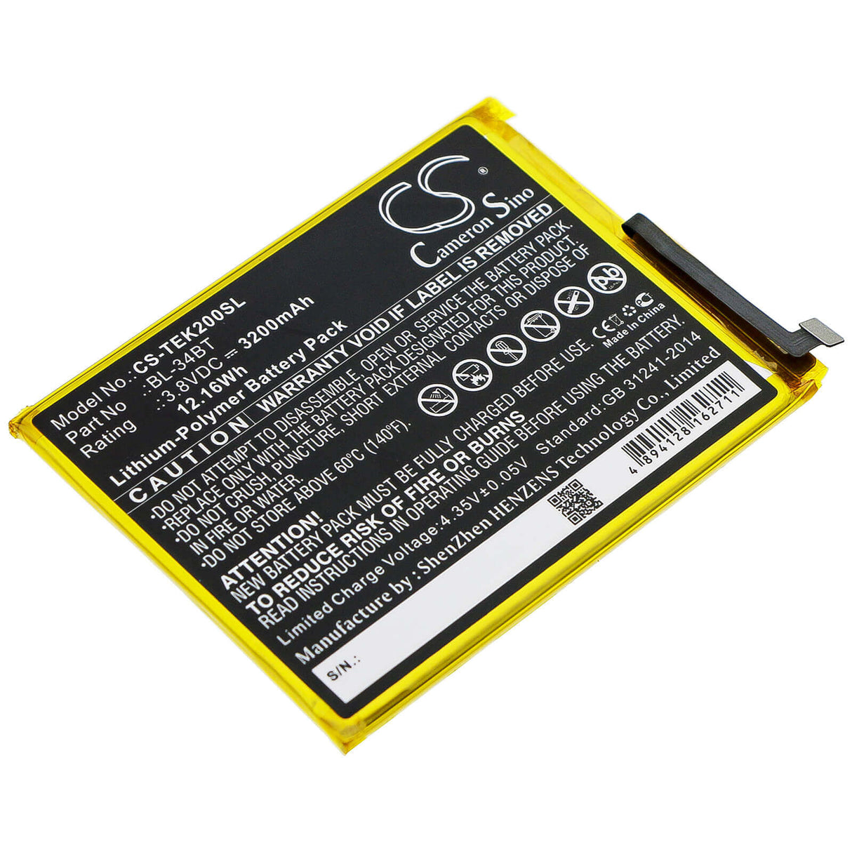 3.8V, Li-Polymer, 3200mAh, SmartPhone battery fits Tecno, Bl-34bt, Ka7, Ka7o, 12.16Wh Mobile, SmartPhone Cameron Sino Technology Limited (Smartphone)