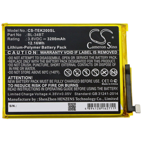 3.8V, Li-Polymer, 3200mAh, SmartPhone battery fits Tecno, Bl-34bt, Ka7, Ka7o, 12.16Wh Mobile, SmartPhone Cameron Sino Technology Limited (Smartphone)