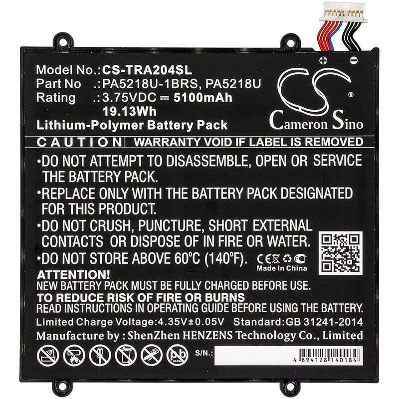 3.75V, Li-Polymer, 5100mAh, Tablet battery fits Toshiba, Pa5218u, Excite A204, Excite A204 At10-b, 19.13Wh Tablet Cameron Sino Technology Limited