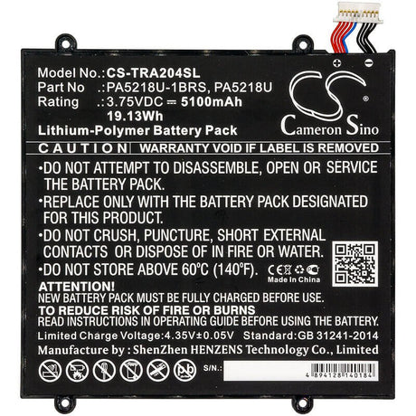 3.75V, Li-Polymer, 5100mAh, Tablet battery fits Toshiba, Pa5218u, Excite A204, Excite A204 At10-b, 19.13Wh Tablet Cameron Sino Technology Limited