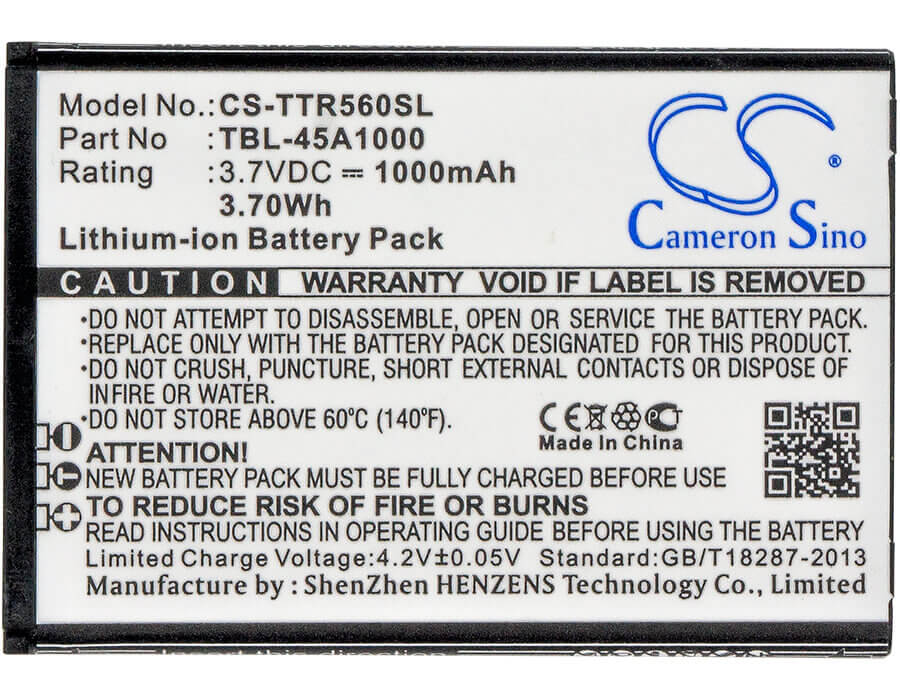 3.7V, Li-ion, 1000mAh, Hotspot battery fits Tp-link, Tbl-45a1000, 5600, Tl-5600, 3.70Wh Hotspot Cameron Sino Technology Limited