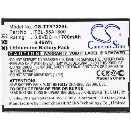 3.8V, Li-ion, 1700mAh, Hotspot battery fits Tp-link, Tbl-55a1800, M7310 Ver 1, 6.46Wh Hotspot Cameron Sino Technology Limited