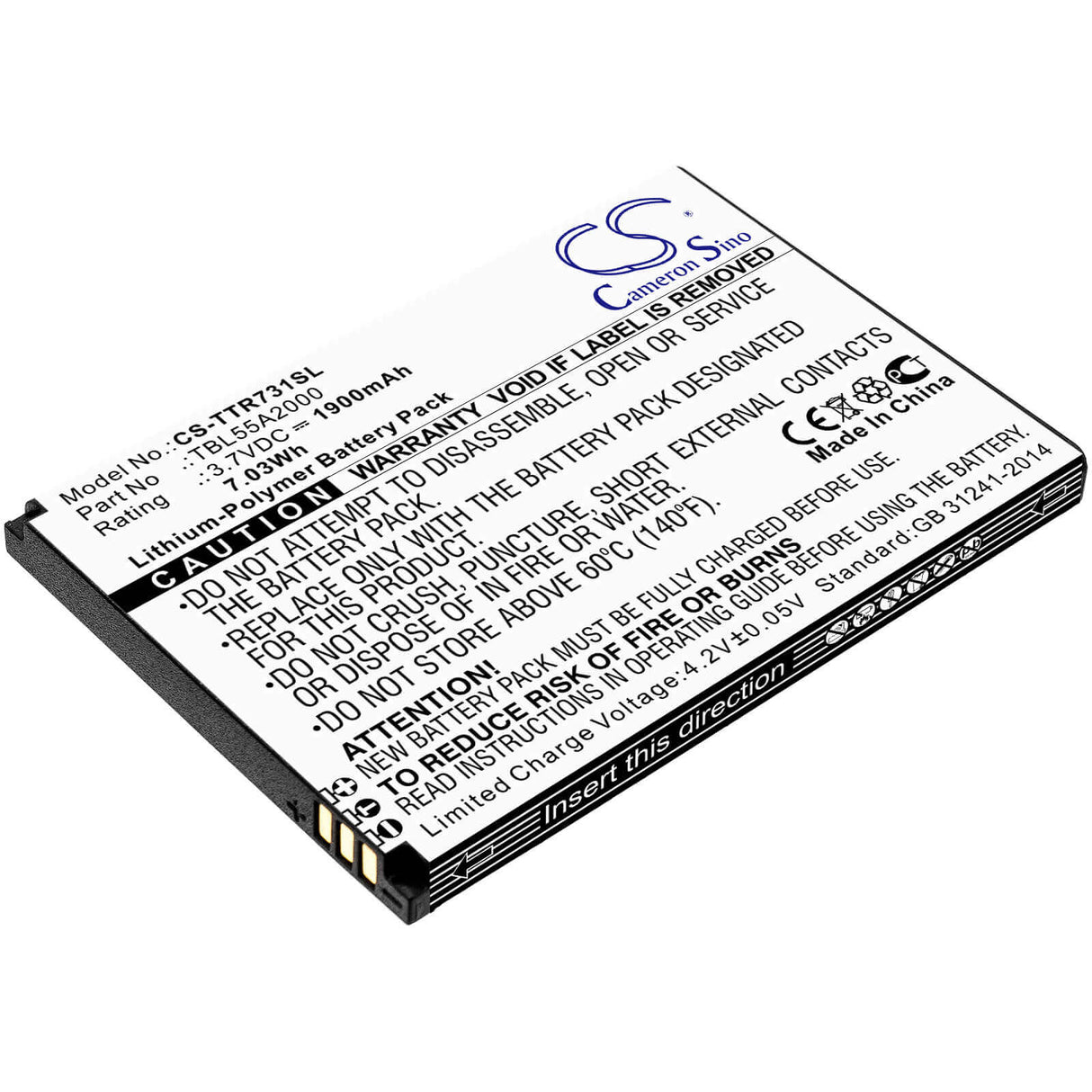 3.7V, Li-Polymer, 1900mAh, Hotspot battery fits Tp-link, Tbl55a2000, M7310, M7350 Ver 3.20, 7.03Wh Hotspot Cameron Sino Technology Limited