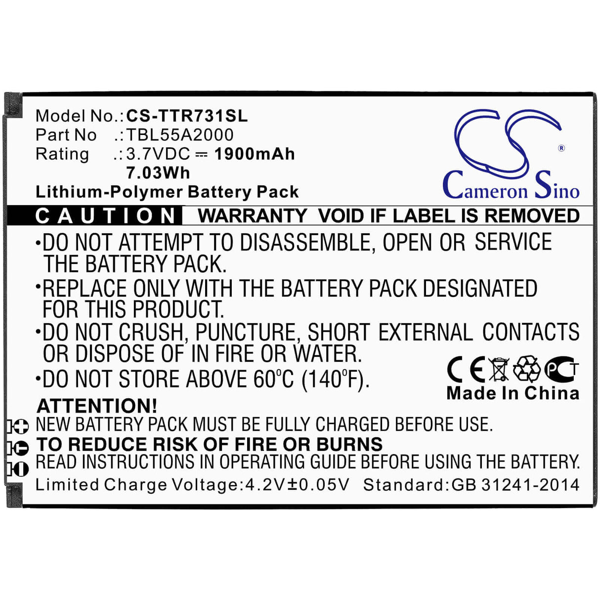 3.7V, Li-Polymer, 1900mAh, Hotspot battery fits Tp-link, Tbl55a2000, M7310, M7350 Ver 3.20, 7.03Wh Hotspot Cameron Sino Technology Limited