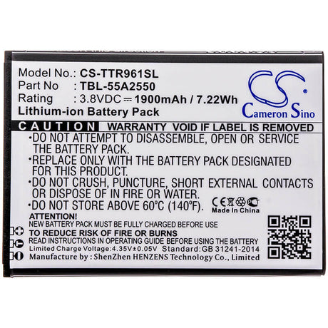 3.8V, Li-ion, 1900mAh, Hotspot battery fits Tp-link, Tbl-55a2550, M7350, M7350 Ver 2, 7.22Wh Hotspot Cameron Sino Technology Limited