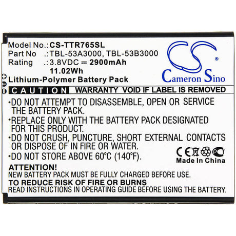 3.8V, Li-Polymer, 2900mAh, Hotspot battery fits Tp-link, Tbl-53a3000, M7650, 11.02Wh Hotspot Cameron Sino Technology Limited