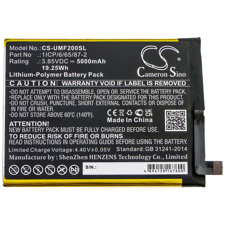 3.85V, Li-Polymer, 5000mAh, SmartPhone battery fits Umi, 1icp/6/65/87-2, Umidigi F2, 19.25Wh Mobile, SmartPhone Cameron Sino Technology Limited (Smartphone)
