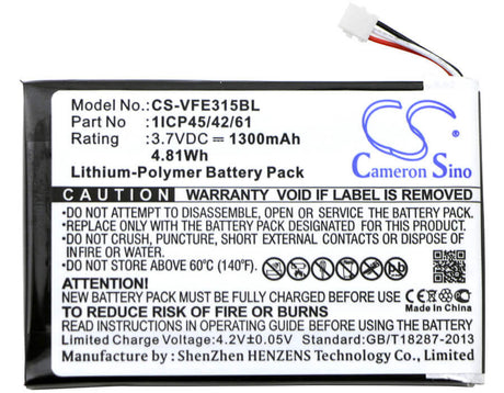 3.7V, Li-Polymer, 1300mAh, Payment Terminal battery fits Verifone, 1icp45/42/61, E315, E315m, 4.81Wh Payment Terminal Cameron Sino Technology Limited