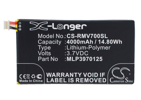 3.7V, Li-Polymer, 4000mAh, Tablet battery fits Verizon, Mlp3970125, Elipsis Qmv7a 7in, Elipsis Qmv7b, 14.80Wh Tablet Cameron Sino Technology Limited