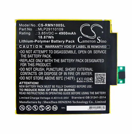 3.85V, Li-Polymer, 4900mAh, Tablet battery fits Verizon, Mlp29110109, Ellipsis 8 Hd, Qtasun1, 18.87Wh Tablet Cameron Sino Technology Limited