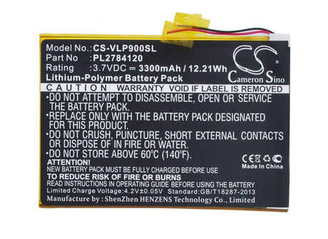 3.7V, Li-Polymer, 3300mAh, Tablet battery fits Visual Land, Pl2784120, Me-9q, Prestige Elite 9q 9", 12.21Wh Tablet Cameron Sino Technology Limited