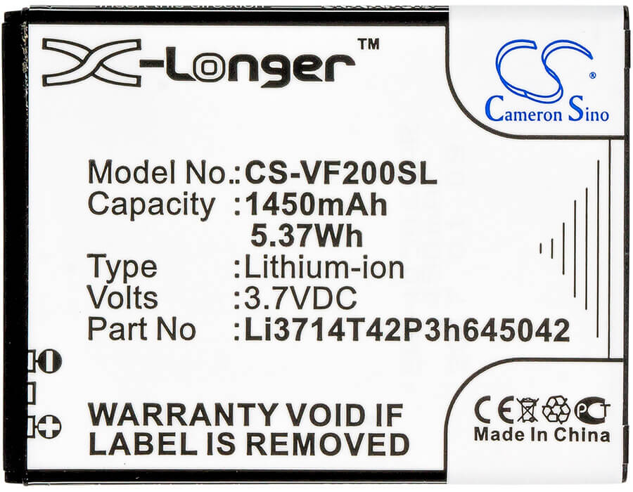 3.7V, Li-ion, 1450mAh, SmartPhone battery fits Vodafone, Li3714t42p3h645042, Smart First 7, Vfd 200, 5.37Wh Mobile, SmartPhone Cameron Sino Technology Limited (Smartphone)