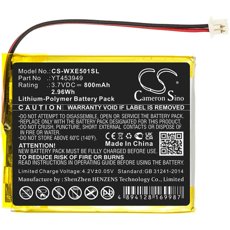 3.7V, Li-Polymer, 800mAh, E-book, E-reader battery fits Wexler, Yt453949, E5001, 2.96Wh E-book, E-reader Cameron Sino Technology Limited