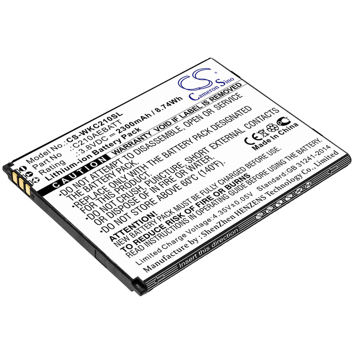 3.8V, Li-ion, 2300mAh, SmartPhone battery fits Wiko, C210aebatt, C210, Life, 8.74Wh Mobile, SmartPhone Cameron Sino Technology Limited (Smartphone)