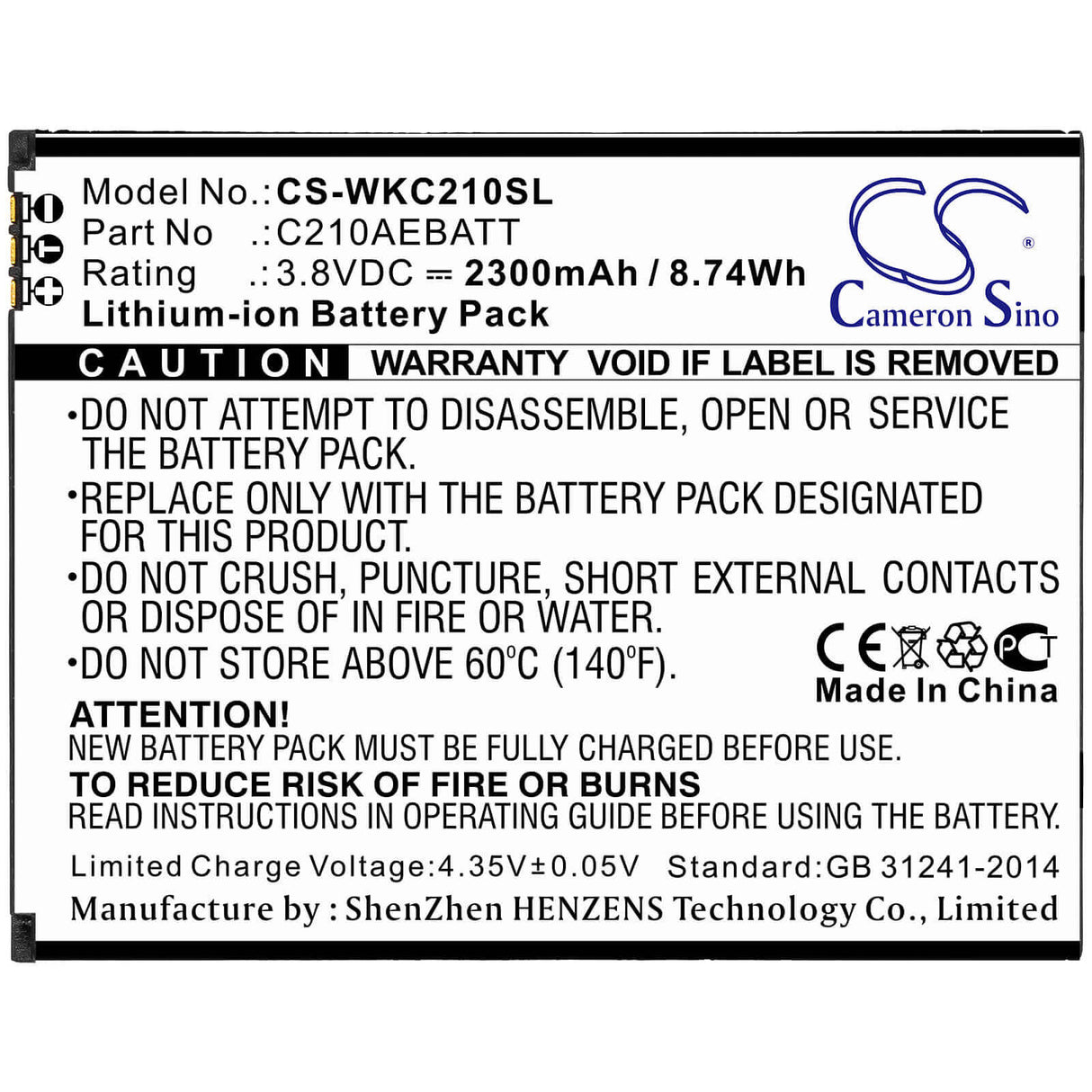 3.8V, Li-ion, 2300mAh, SmartPhone battery fits Wiko, C210aebatt, C210, Life, 8.74Wh Mobile, SmartPhone Cameron Sino Technology Limited (Smartphone)