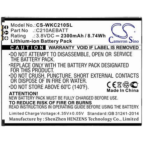 3.8V, Li-ion, 2300mAh, SmartPhone battery fits Wiko, C210aebatt, C210, Life, 8.74Wh Mobile, SmartPhone Cameron Sino Technology Limited (Smartphone)