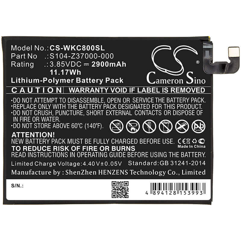 3.85V, Li-Polymer, 2900mAh, SmartPhone battery fits Wiko, 356580h, C800ae, View 2, 11.17Wh Mobile, SmartPhone Cameron Sino Technology Limited (Smartphone)