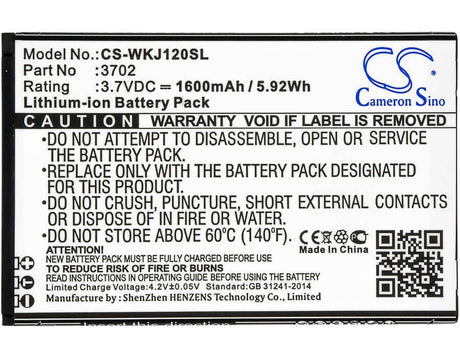 3.7V, Li-ion, 1600mAh, SmartPhone battery fits Wiko, 3702, Jerry, Lenny 1, 5.92Wh Mobile, SmartPhone Cameron Sino Technology Limited (Smartphone)
