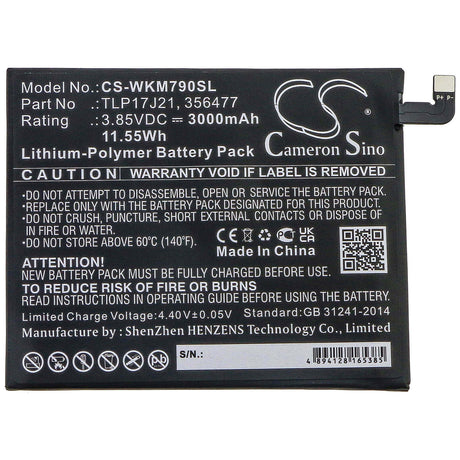 3.85V, Li-Polymer, 3000mAh, SmartPhone battery fits Wiko, 356477, M1790, View Xl, 11.55Wh Mobile, SmartPhone Cameron Sino Technology Limited (Smartphone)