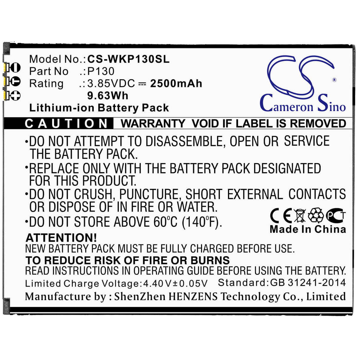 3.85V, Li-ion, 2500mAh, SmartPhone battery fits Wiko, P130, P130, View Go, 9.63Wh Mobile, SmartPhone Cameron Sino Technology Limited (Smartphone)