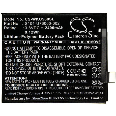 3.8V, Li-Polymer, 2400mAh, SmartPhone battery fits Wiko, S104-u76000-000, P4601, P5601, 9.12Wh Mobile, SmartPhone Cameron Sino Technology Limited (Smartphone)