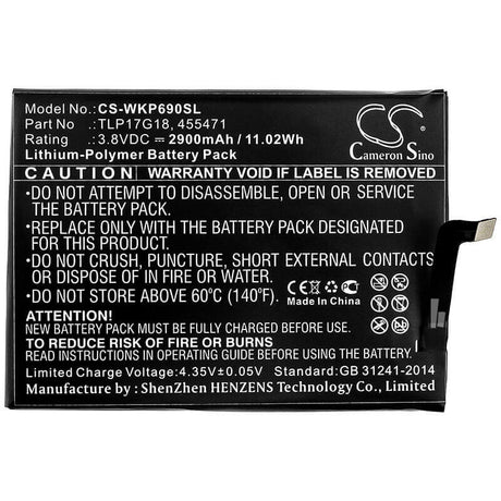 3.8V, Li-Polymer, 2900mAh, SmartPhone battery fits Wiko, 455471, P6901, Wim Lite, 11.02Wh Mobile, SmartPhone Cameron Sino Technology Limited (Smartphone)