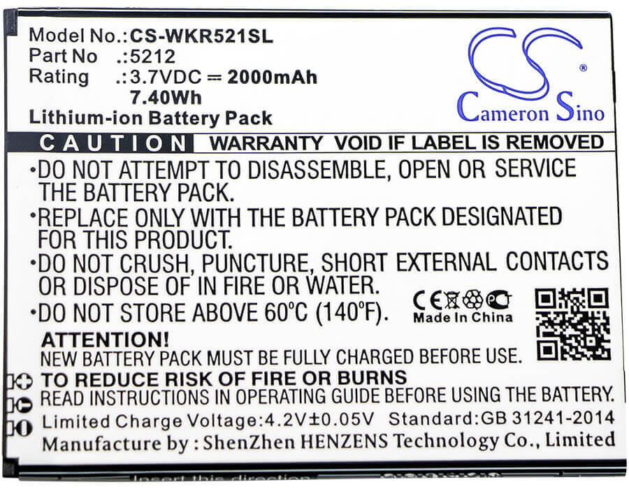 3.7V, Li-ion, 2000mAh, SmartPhone battery fits Wiko, 5212, Robby, 7.4Wh Mobile, SmartPhone Cameron Sino Technology Limited (Smartphone)
