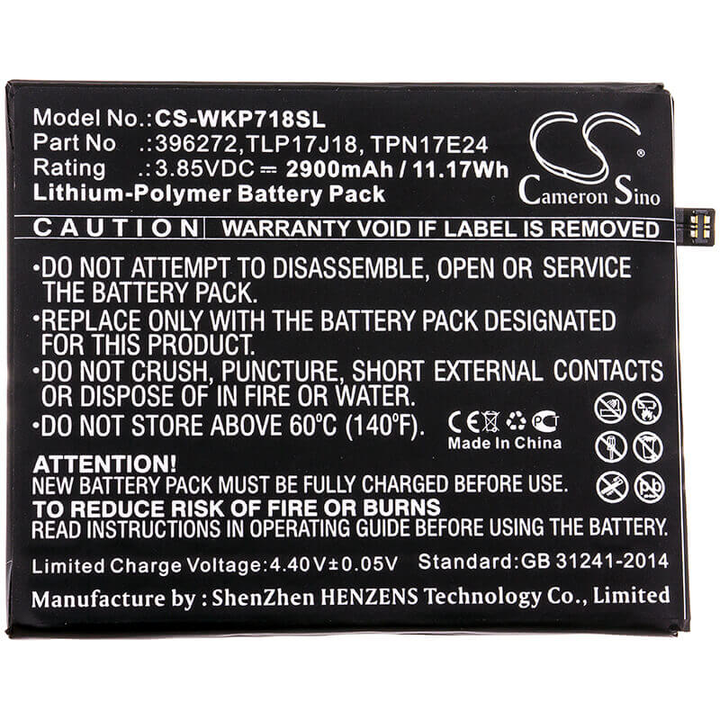 3.85V, Li-Polymer, 2900mAh, SmartPhone battery fits Wiko, Bq, 396272, Strike Selfie Max, 11.17Wh Mobile, SmartPhone Cameron Sino Technology Limited (Smartphone)