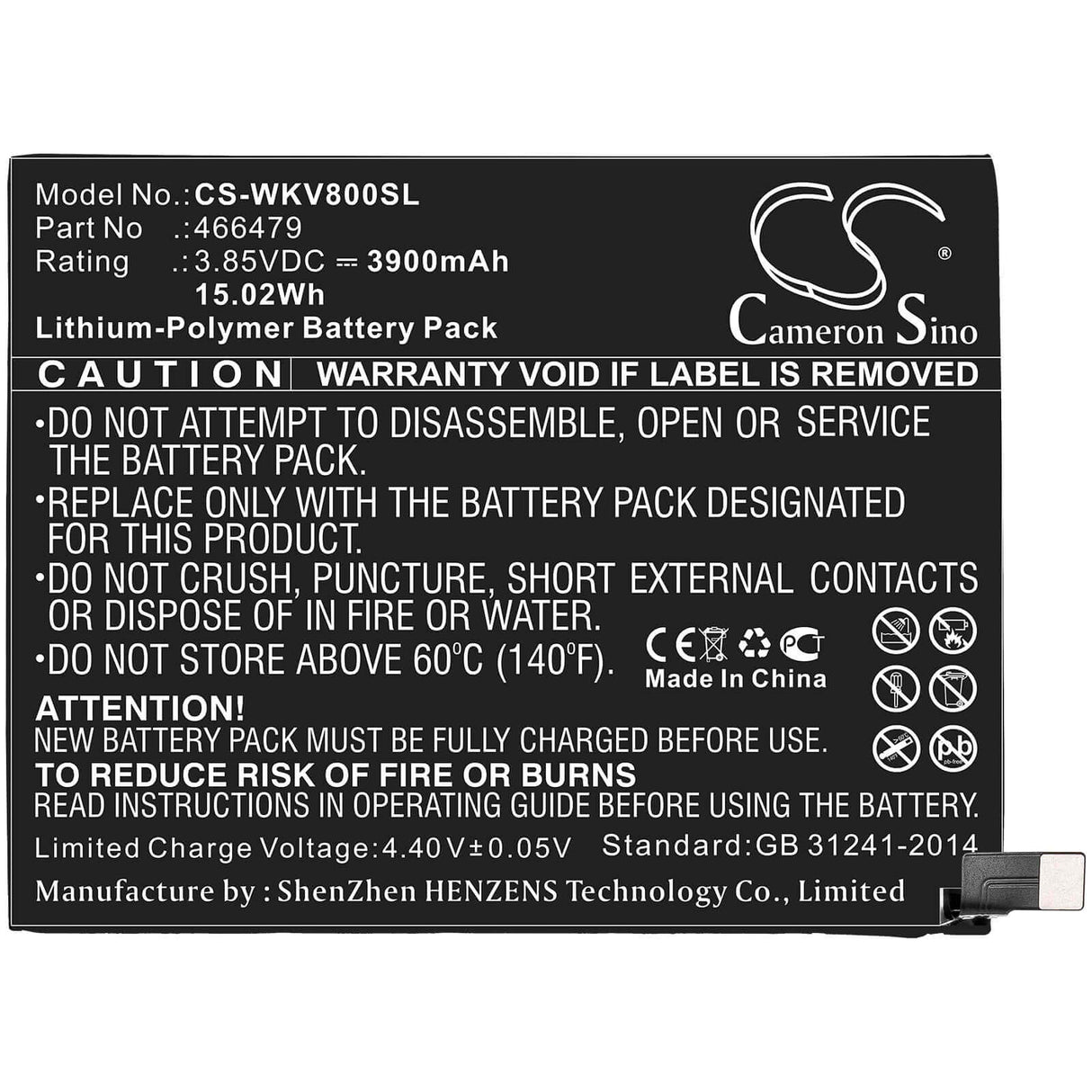 3.85V, Li-Polymer, 3900mAh, SmartPhone battery fits Sugar, Wiko, 466479, C13, 15.02Wh Mobile, SmartPhone Cameron Sino Technology Limited (Smartphone)