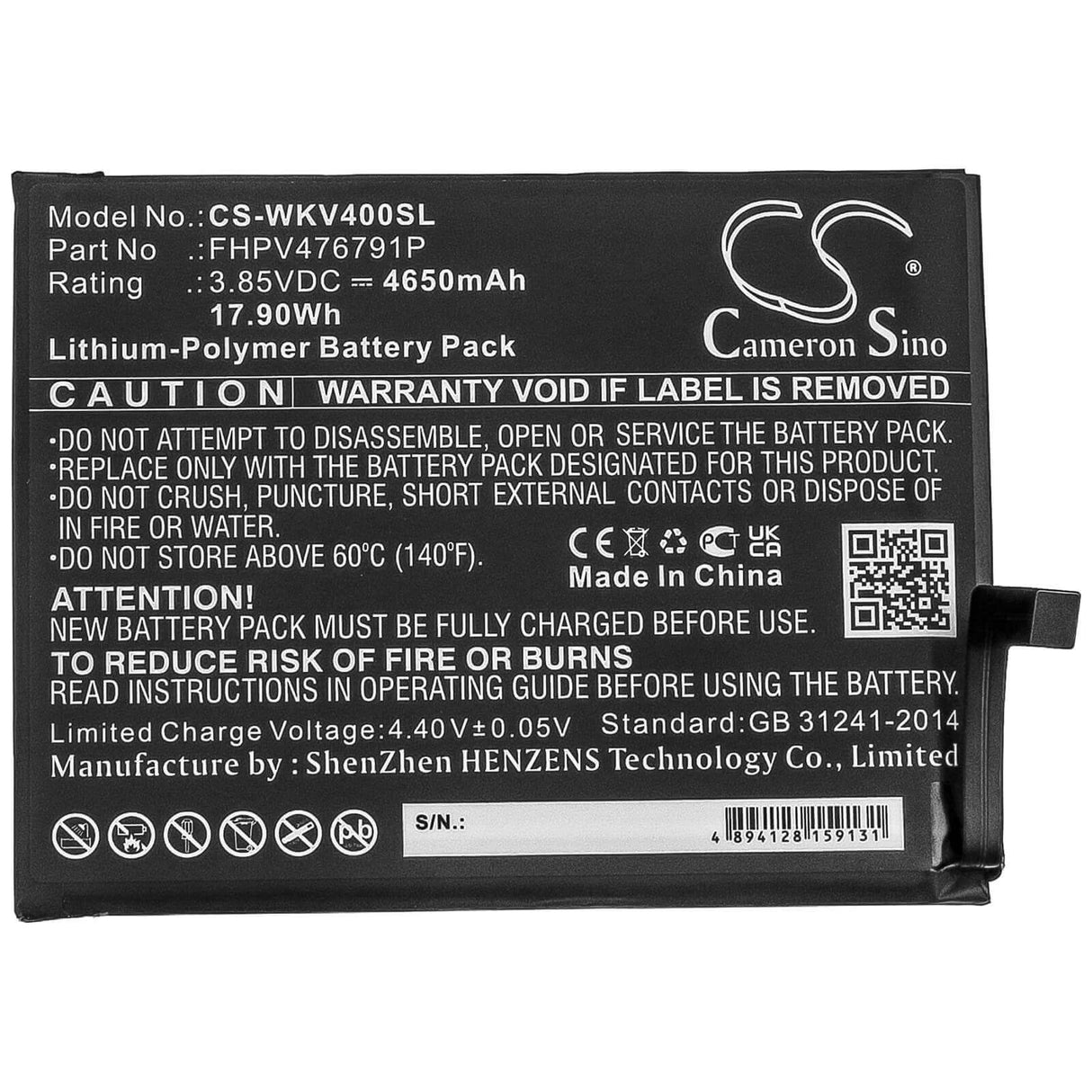 3.85V, Li-Polymer, 4650mAh, SmartPhone battery fits Wiko, Fhpv476791p, Power U10, View 4, 17.9Wh Mobile, SmartPhone Cameron Sino Technology Limited (Smartphone)