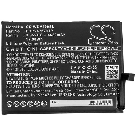 3.85V, Li-Polymer, 4650mAh, SmartPhone battery fits Wiko, Fhpv476791p, Power U10, View 4, 17.9Wh Mobile, SmartPhone Cameron Sino Technology Limited (Smartphone)