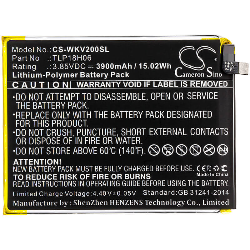 3.85V, Li-Polymer, 3900mAh, SmartPhone battery fits Wiko, Tlp18h06, M2354, View2 Go, 15.02Wh Mobile, SmartPhone Cameron Sino Technology Limited (Smartphone)