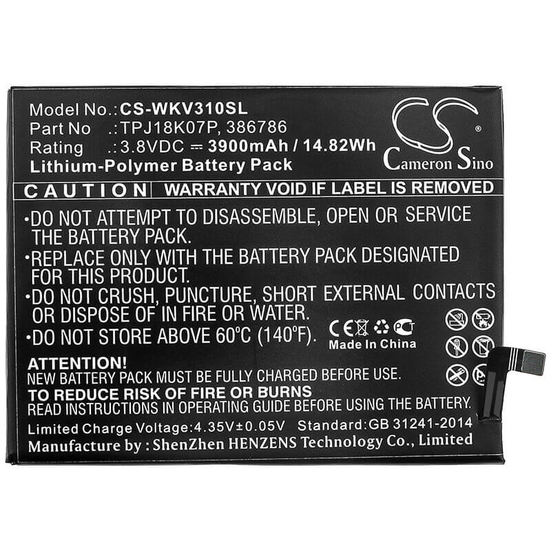 3.8V, Li-Polymer, 3900mAh, SmartPhone battery fits Wiko, 386786, View 4 Lite, View3 Pro, 14.82Wh Mobile, SmartPhone Cameron Sino Technology Limited (Smartphone)