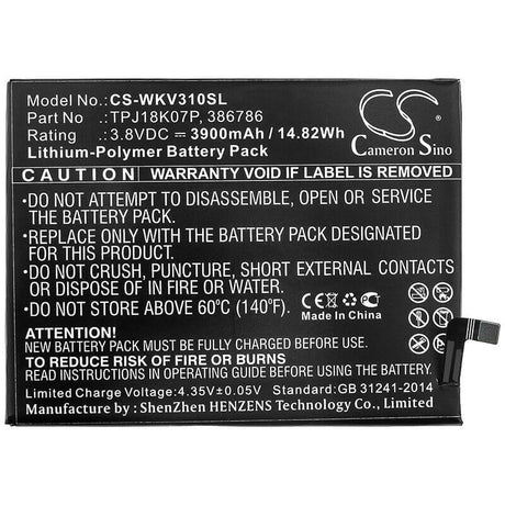 3.8V, Li-Polymer, 3900mAh, SmartPhone battery fits Wiko, 386786, View 4 Lite, View3 Pro, 14.82Wh Mobile, SmartPhone Cameron Sino Technology Limited (Smartphone)