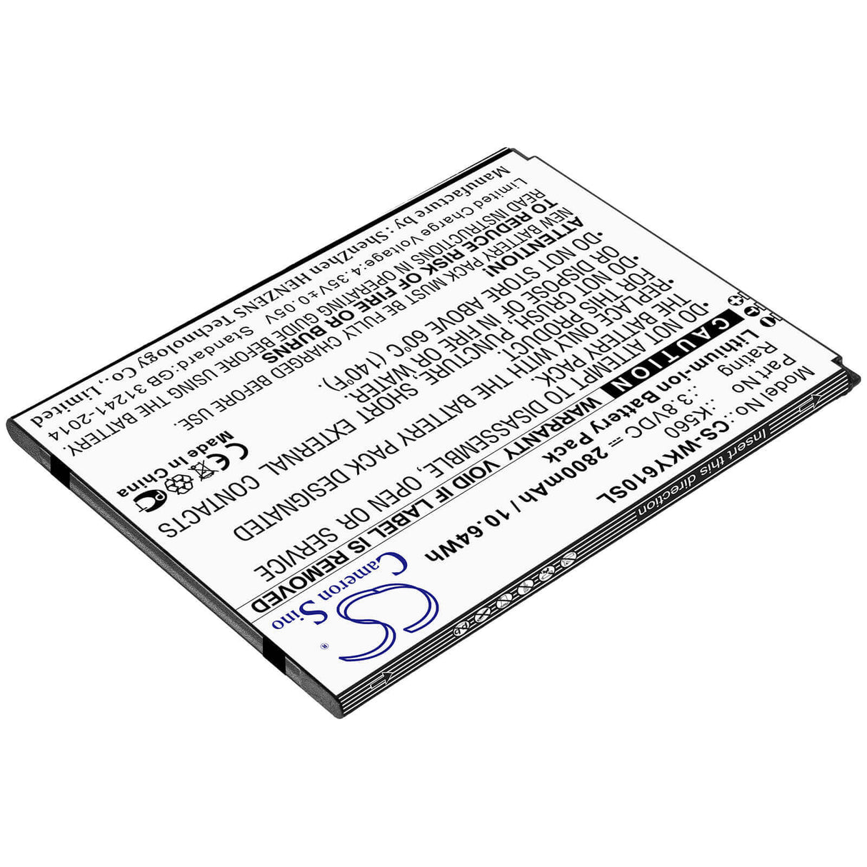 3.8V, Li-ion, 2800mAh, SmartPhone battery fits Wiko, K560, W-k560, Y61, 10.64Wh Mobile, SmartPhone Cameron Sino Technology Limited (Smartphone)