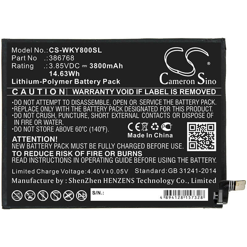 3.85V, Li-Polymer, 3800mAh, SmartPhone battery fits Wiko, 386768, W-v720, Y80, 14.63Wh Mobile, SmartPhone Cameron Sino Technology Limited (Smartphone)