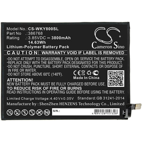 3.85V, Li-Polymer, 3800mAh, SmartPhone battery fits Wiko, 386768, W-v720, Y80, 14.63Wh Mobile, SmartPhone Cameron Sino Technology Limited (Smartphone)