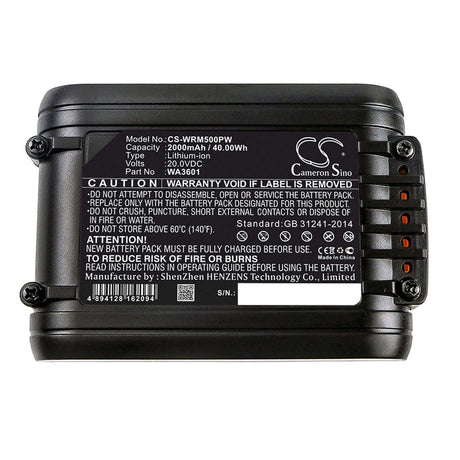 20.0V, Li-ion, 2000mAh, Lawn Mowers battery fits Worx, Wa3014, 34.8 Li Lawn Mover, Csa 2020 (113538), 40.00Wh Lawn Mowers Cameron Sino Technology Limited