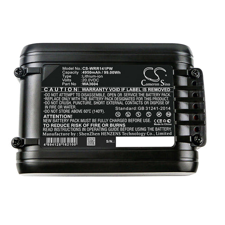 20.0V, Li-ion, 4950mAh, Lawn Mowers battery fits Worx, Wa3014, 34.8 Li Lawn Mover, Csa 2020 (113538), 99.00Wh Lawn Mowers Cameron Sino Technology Limited