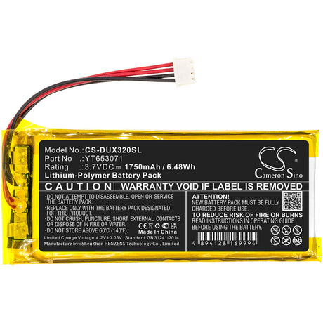 3.7V, Li-Polymer, 1750mAh, Media Player battery fits Xduoo, Yt653071, X3 Mark Ii, 6.48Wh Media Player Cameron Sino Technology Limited