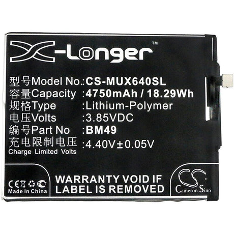 3.85V, Li-Polymer, 4750mAh, SmartPhone battery fits Xiaomi, (V2),Bm49, 2016001, 2016002, 18.29Wh Mobile, SmartPhone Cameron Sino Technology Limited (Smartphone)