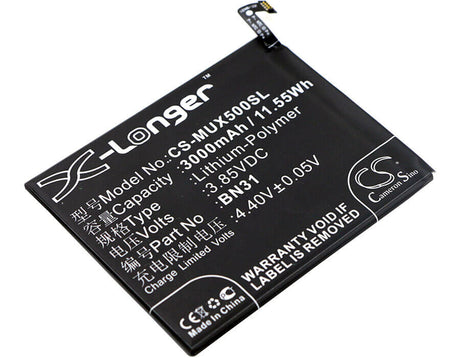 3.85V, Li-Polymer, 3000mAh, SmartPhone battery fits Xiaomi, Redmi, Bn31, M1803e6c, M1803e6e, 11.55Wh Mobile, SmartPhone Cameron Sino Technology Limited (Smartphone)