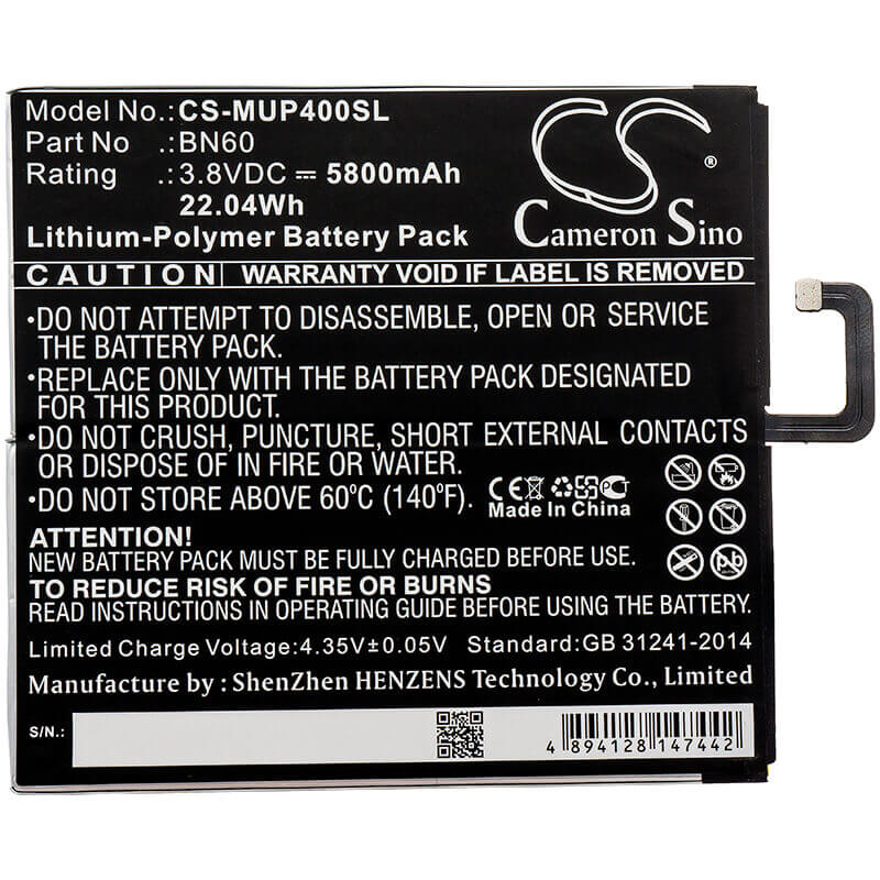 3.8V, Li-Polymer, 5800mAh, Tablet battery fits Xiaomi, Bn60, Clover, M1806d9e, 22.04Wh Tablet Cameron Sino Technology Limited