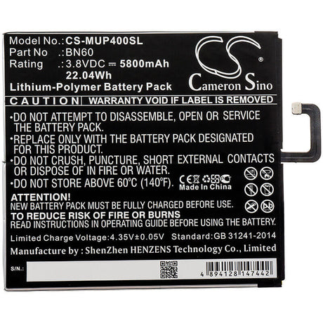 3.8V, Li-Polymer, 5800mAh, Tablet battery fits Xiaomi, Bn60, Clover, M1806d9e, 22.04Wh Tablet Cameron Sino Technology Limited