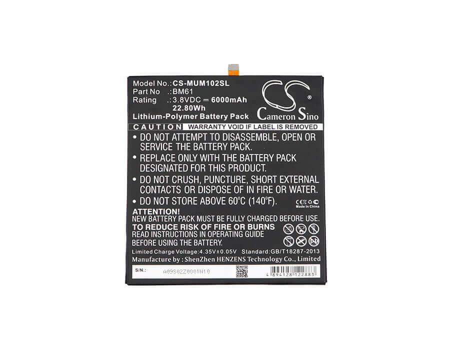 3.8V, Li-Polymer, 6000mAh, Tablet battery fits Xiaomi, Bm61, A2015716, Gd4250, 22.80Wh Tablet Cameron Sino Technology Limited