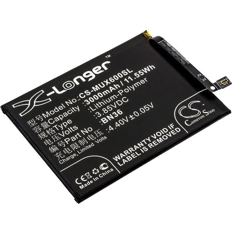 3.85V, Li-Polymer, 3000mAh, SmartPhone battery fits Xiaomi, Bn36, M1804d2sc, M1804d2se, 11.55Wh Mobile, SmartPhone Cameron Sino Technology Limited (Smartphone)